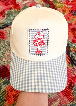 Crawfish embroidered hat with blue gingham bill