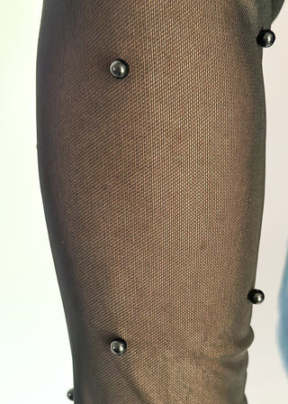 Mock neck mesh black top with black beaded sleeves.