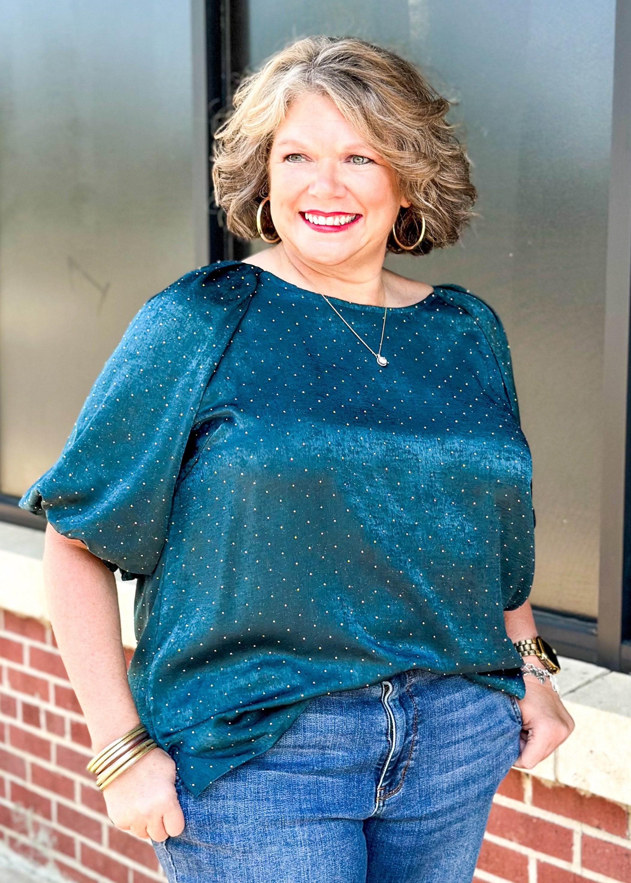 teal shimmer studded short bubble sleeve top