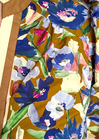 floral top with cream and brown striped detail around collar and v-neck - 3/4 sleeve - browns, blues, magenta, creams, greens, for floral colors