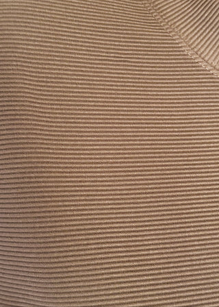 close up of ribbed outfit in brown featuring boxy top and wide leg pants