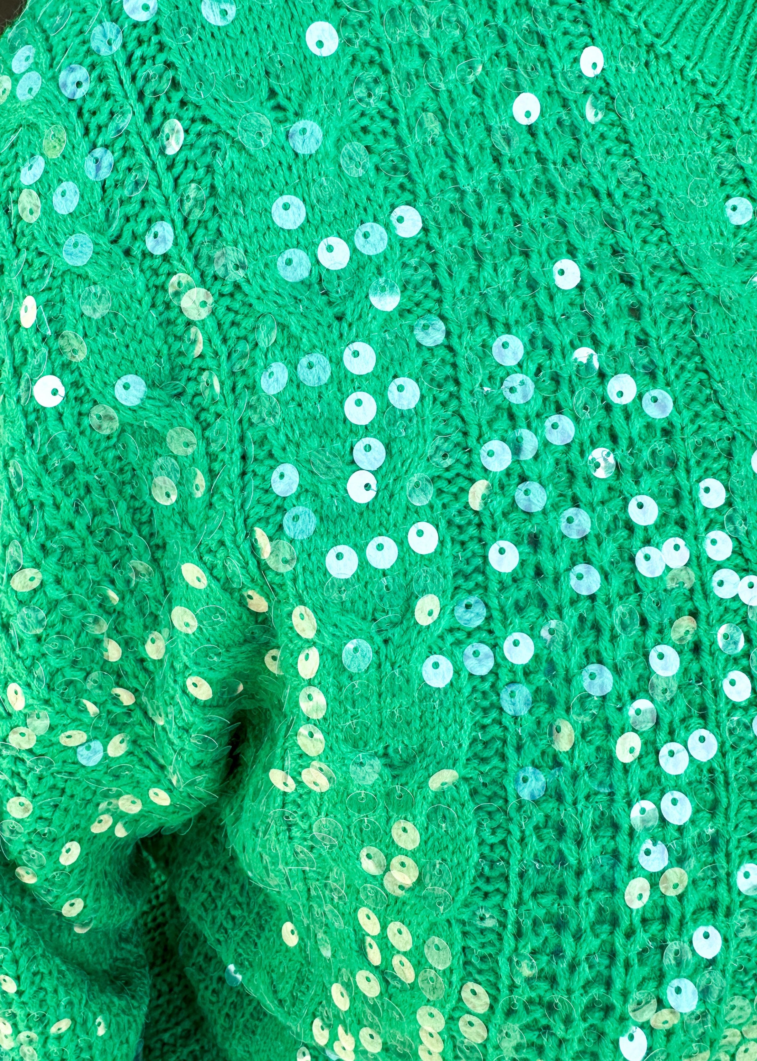 clear sequin long sleeve crew neck knitted green sweater