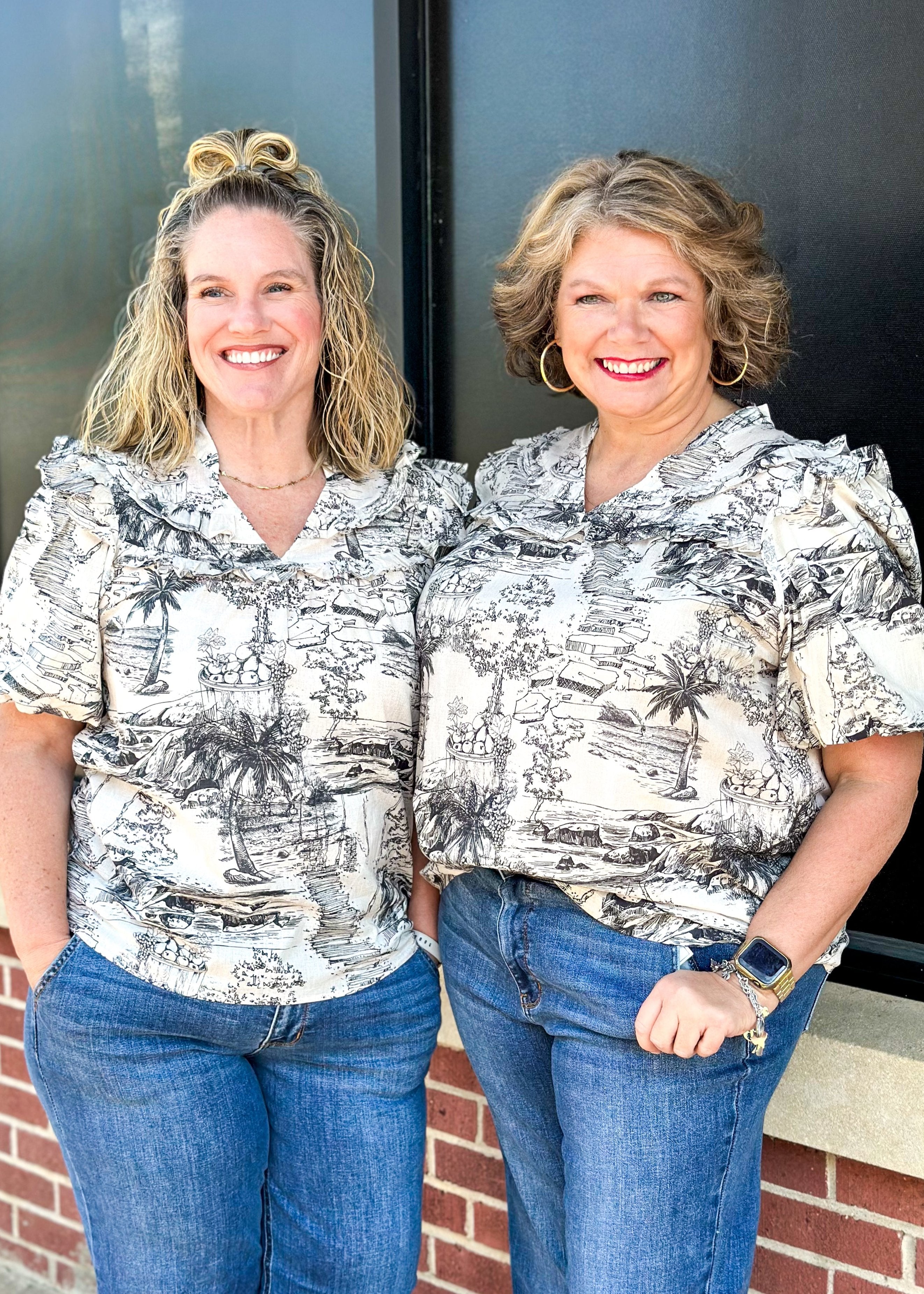 black and cream toile top with ruffle shoulder and short sleeves