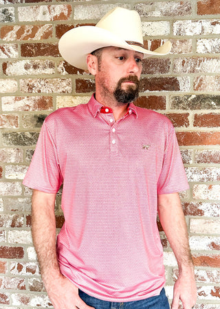 Men's performance polo in red with diamond geometric pattern. 