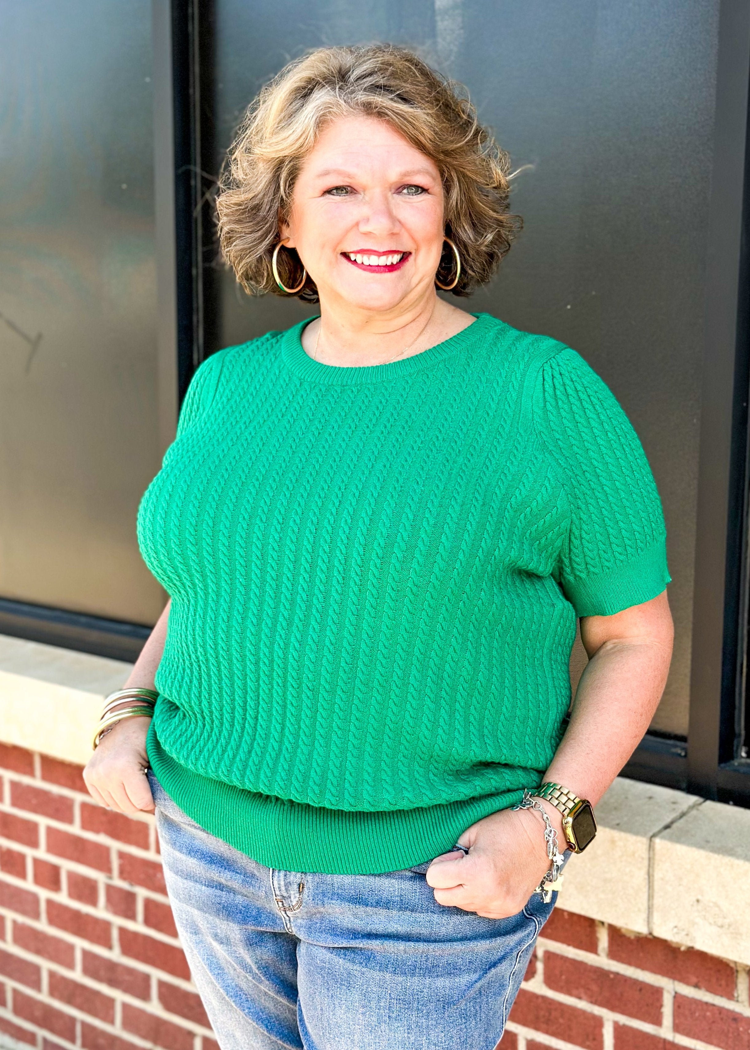 short sleeve cable knit sweater in green