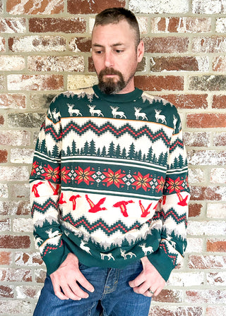 Men's Christmas sweater with woodsy theme