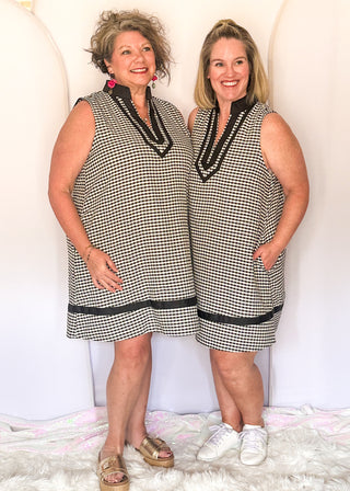 Black gingham sleeveless dress with contrast trim neckline