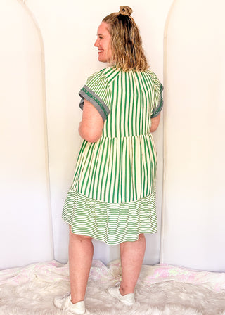 Green striped short sleeve dress with denim contrast on collar and sleeves. 