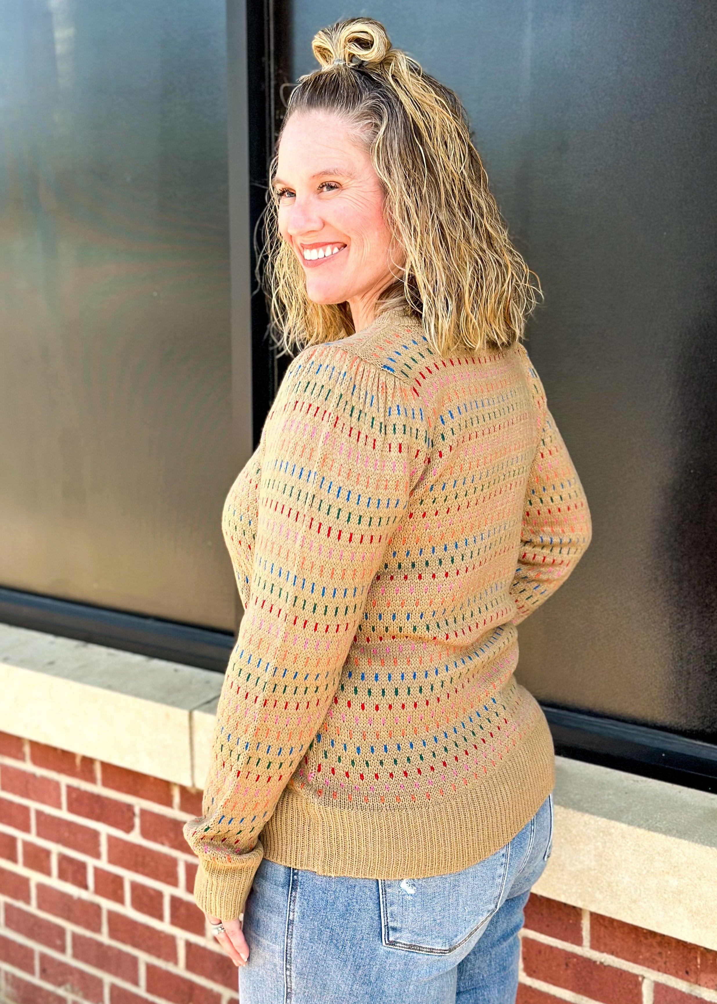 khaki long sleeve sweater with multi color dotted lines