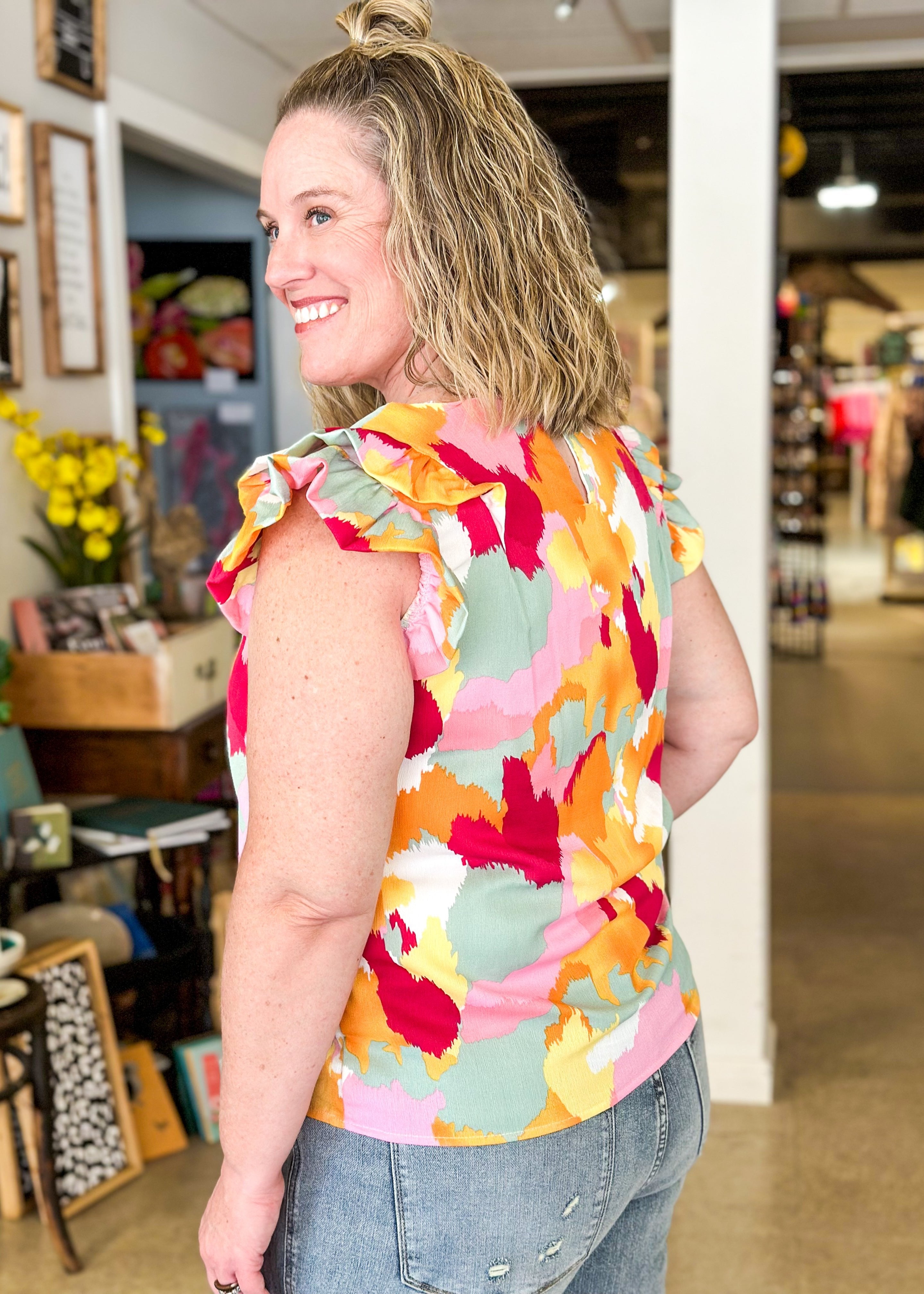 double ruffle short sleeve v-neck top - color splash in light pink, fuschia, mint green, orange and white