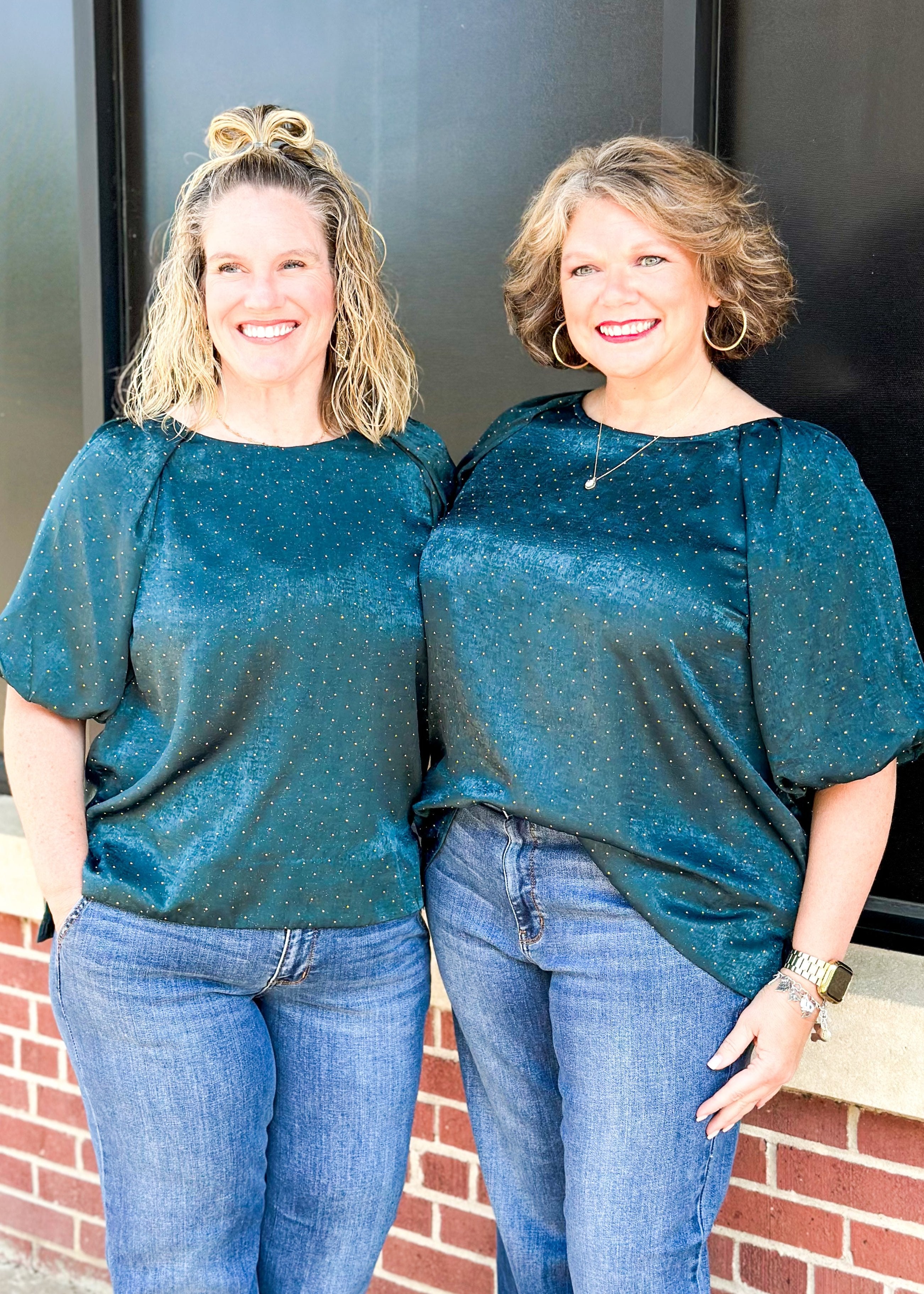 teal shimmer studded short bubble sleeve top