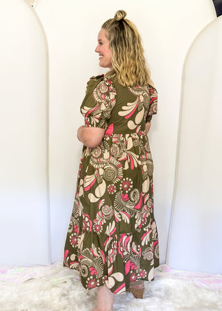 floral midi short sleeve dress with v-neck, olive background, pockets, pink and cream abstract floral print