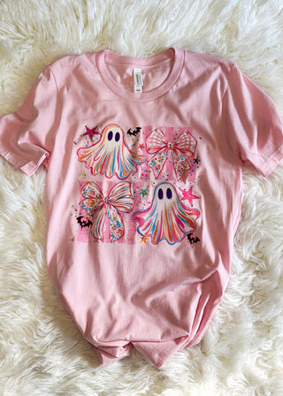 short sleeve graphic tee with colorful ghosts and bows.