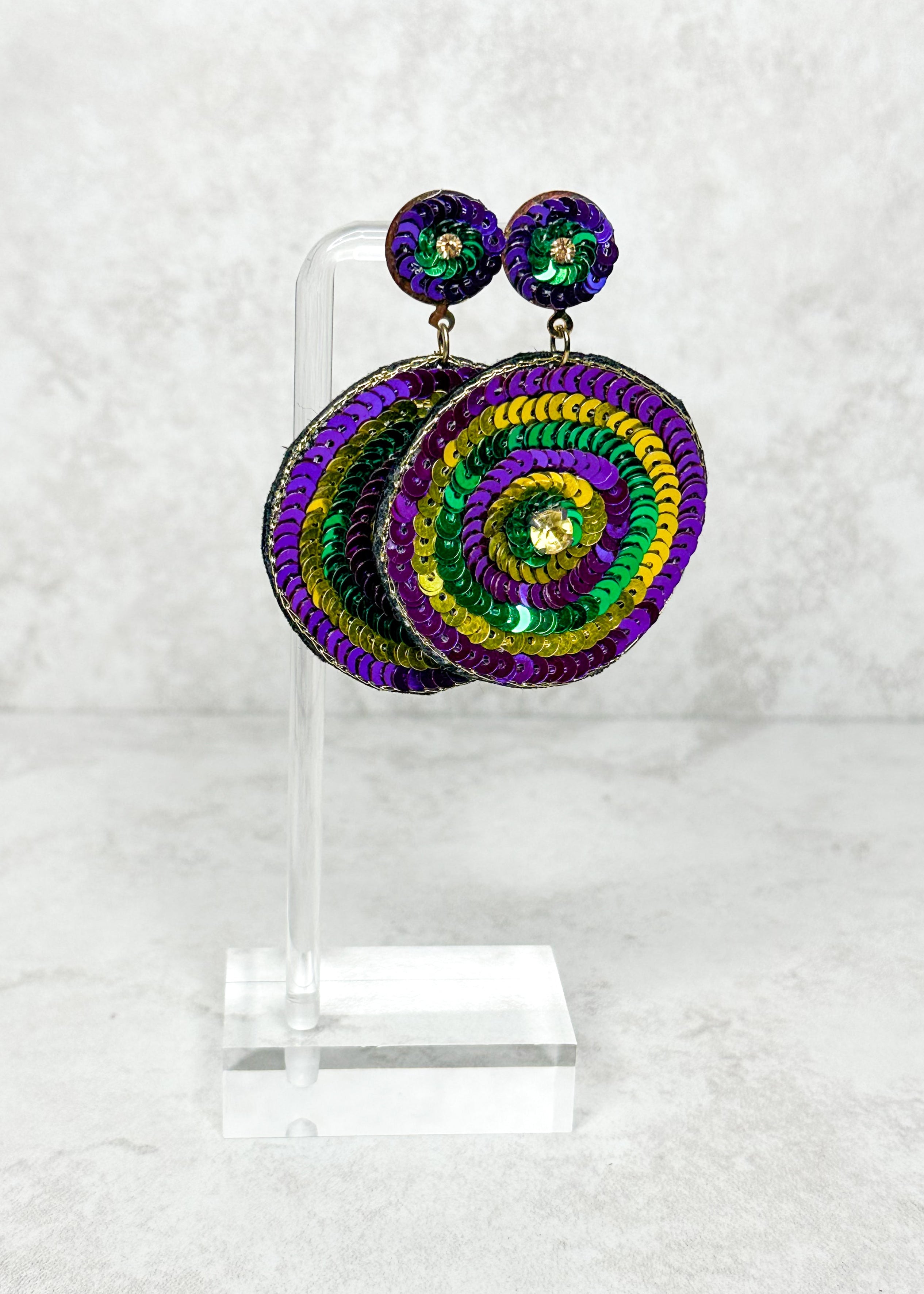 Mardi gras circle sequin post back earrings.