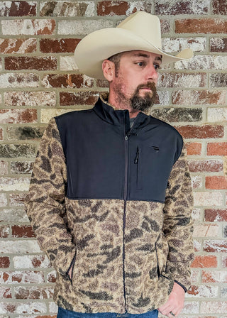 Men's Camo and black Sherpa zip up jacket with pockets.