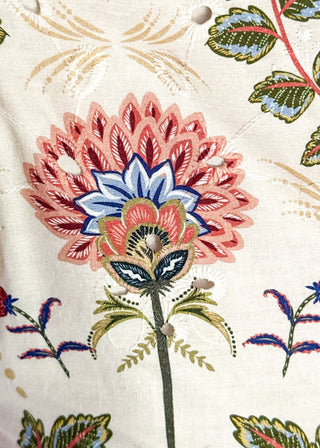 Close up of floral eyelet dress fabric