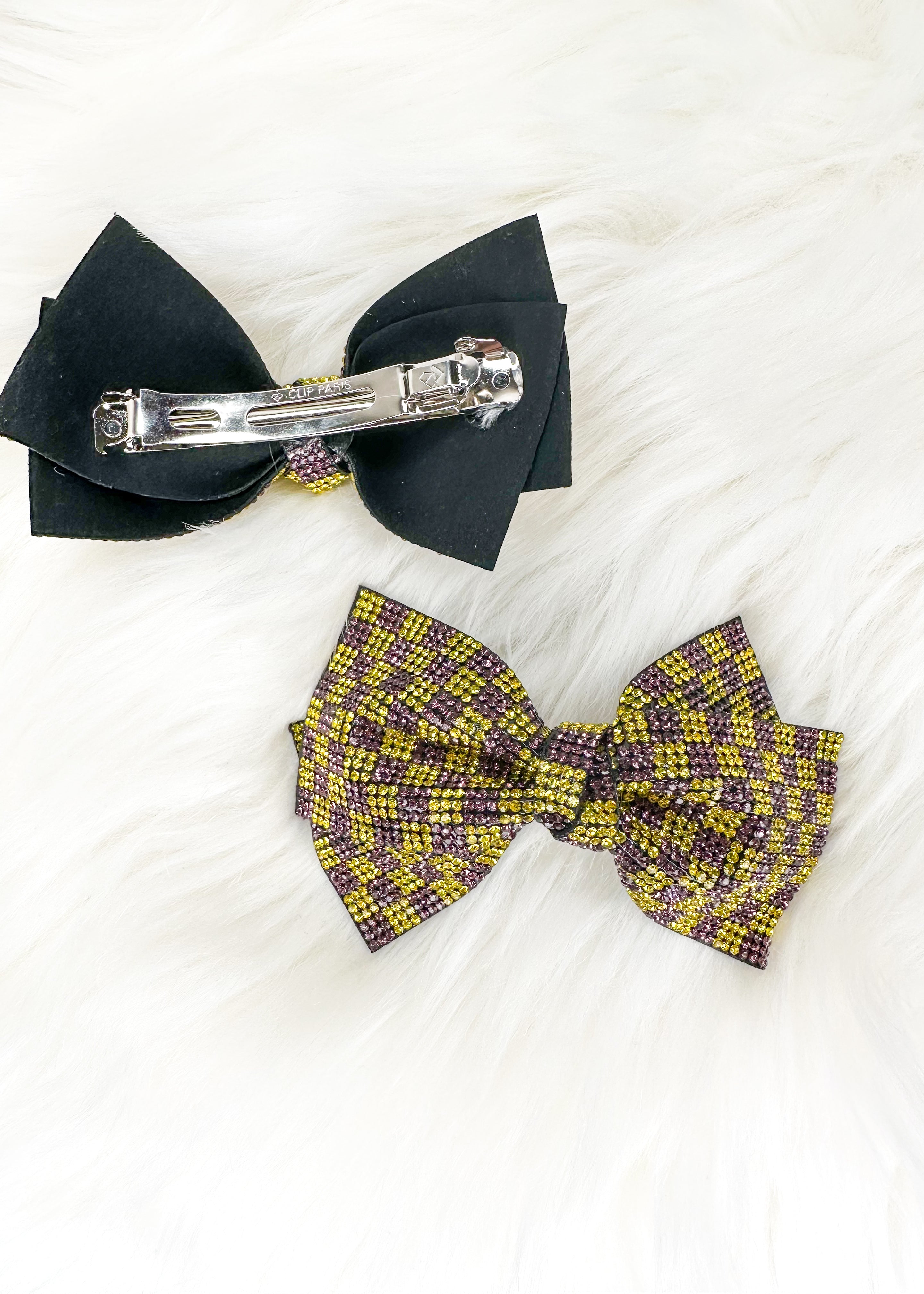 purple and gold sparkly hair bow square checkerboard pattern