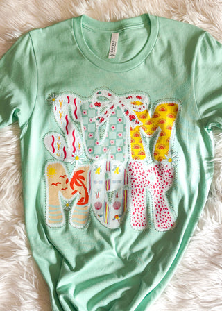 Summer Rhinestone Mint Graphic Tee with bright lettering in pink, yellow and light pink.