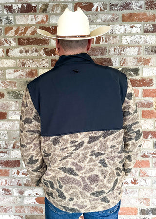 Men's Camo and black Sherpa zip up jacket with pockets.