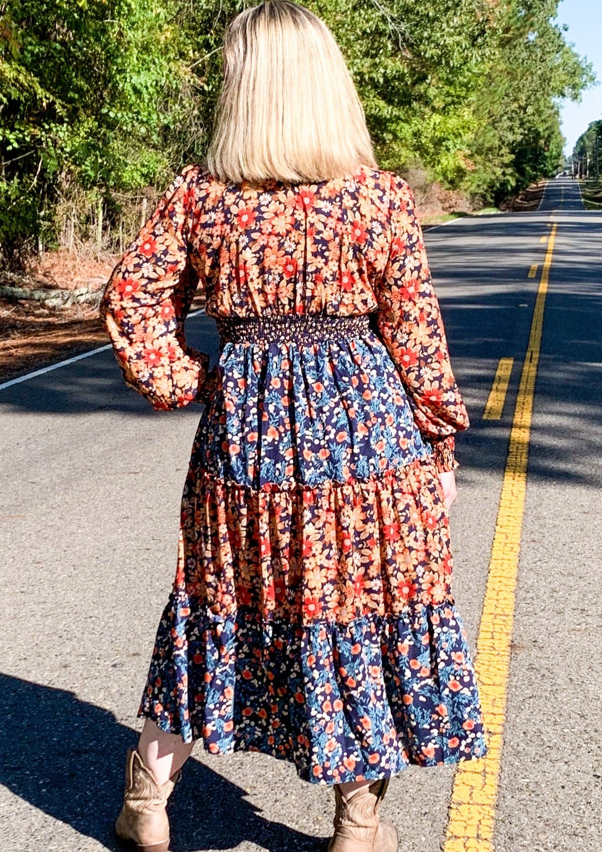 back of Tiered midi dress with mixed print tiers. It has a orange floral tier, a navy with small floral print tier, then a slightly lighter blue and orange printed tier.