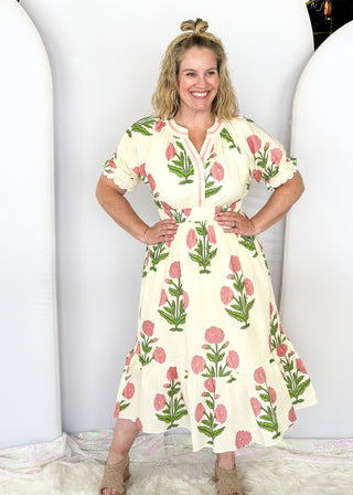 cream maxi dress with pink hydrangeas - short sleeve with ruffle and elastic - smocked waist - bottom ruffle 