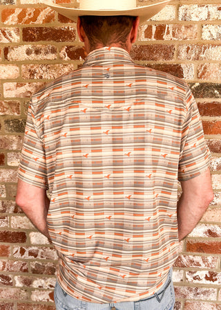 Men's short sleeve performance button-up shirt with southwestern stripe pattern