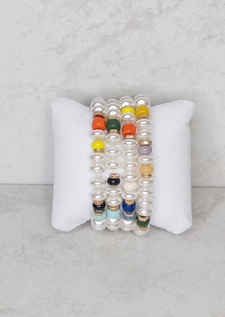 White and Multi-Colored Beaded Bracelet - 4 Strand