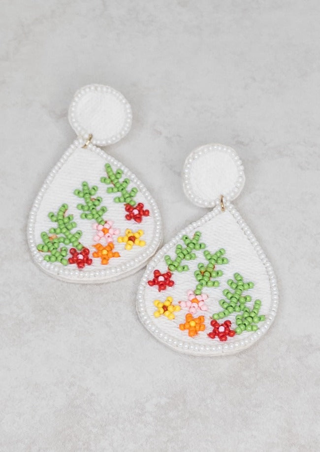 White Teardrop Floral Seed Bead Earrings