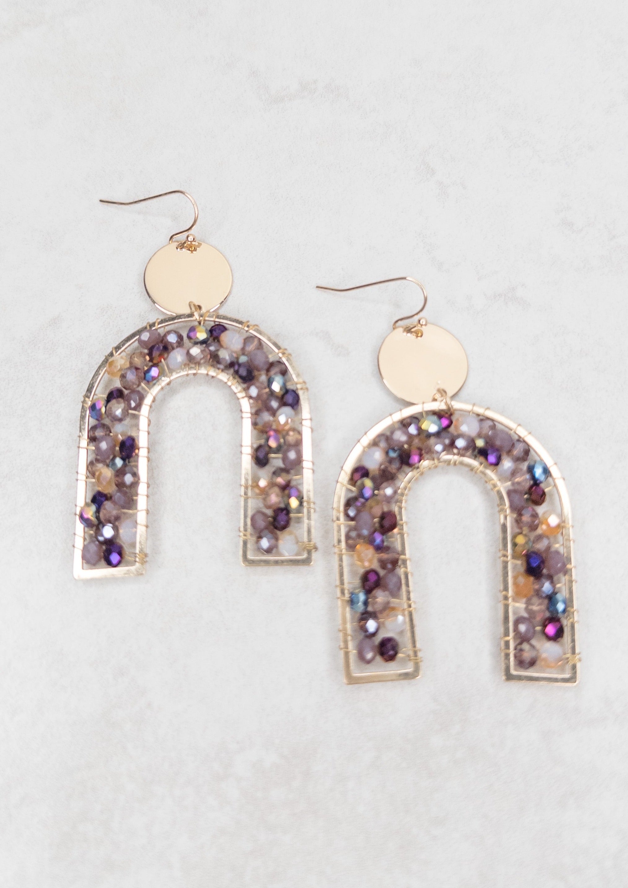 Shades of Purple Beads and Gold Rainbow Earrings