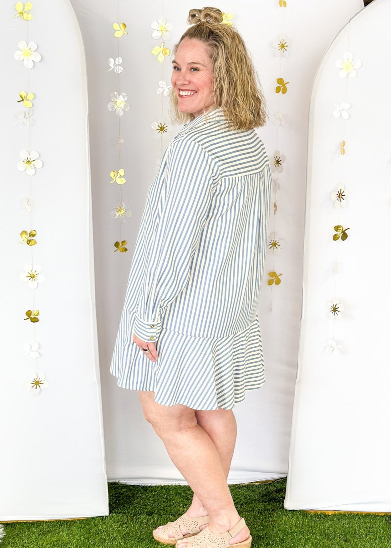 Cream and blue vertical striped long sleeve dress with collar.  Button closure down the front with lining and pockets.