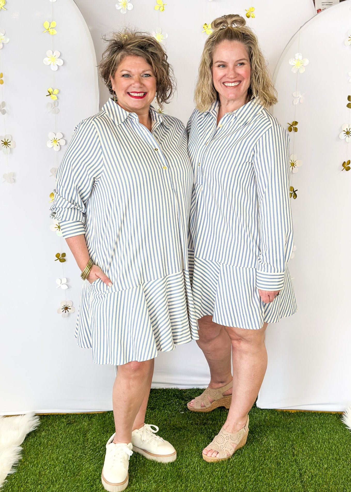 Cream and blue vertical striped long sleeve dress with collar.  Button closure down the front with lining and pockets.