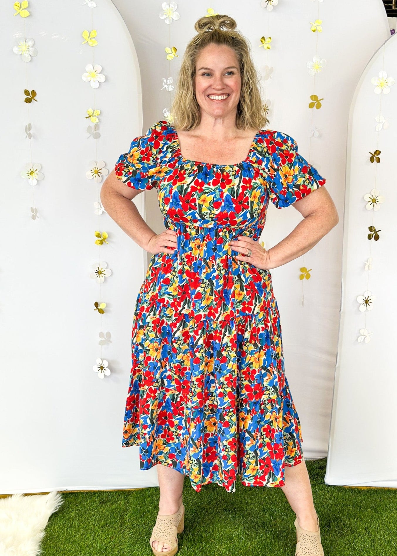 Short Sleeve midi dress with square neck line.  Bright florals in Red, Blue and yellow. 