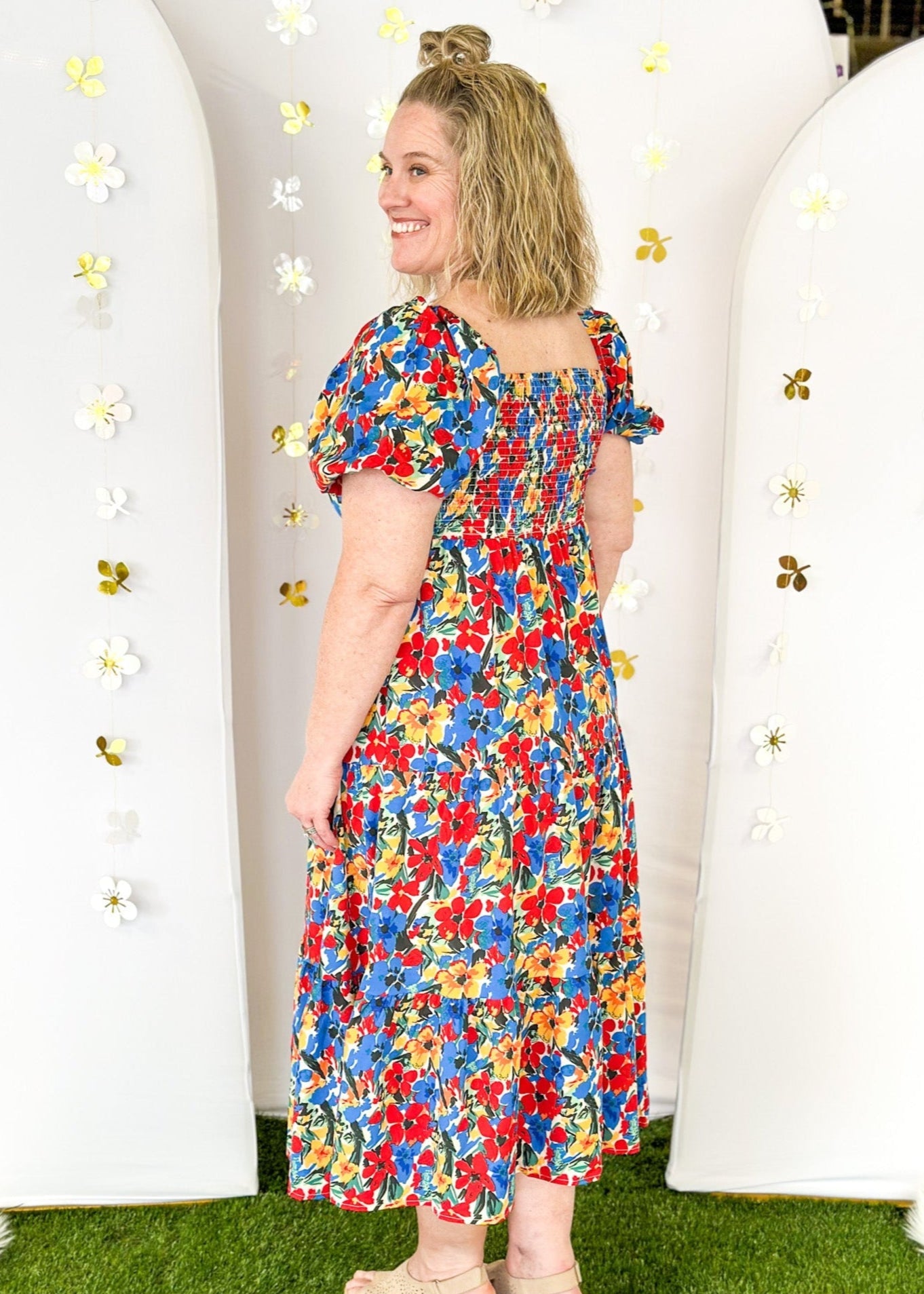 Short Sleeve midi dress with square neck line.  Bright florals in Red, Blue and yellow. 