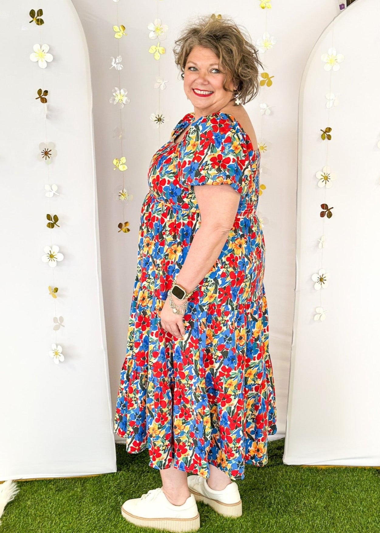 Short Sleeve midi dress with square neck line.  Bright florals in Red, Blue and yellow. 