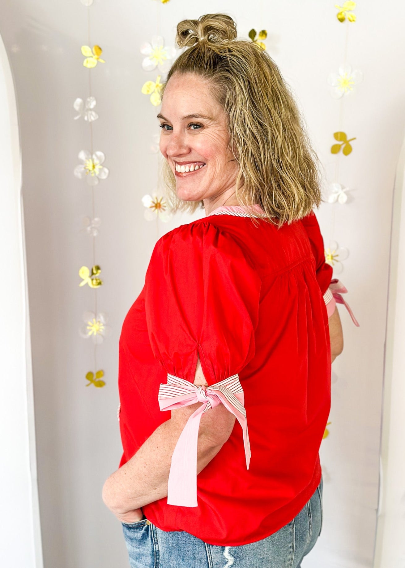 red short puff sleeve top with v-neck - pink banding around cuff and neck and down the front accented with white/pink stripes