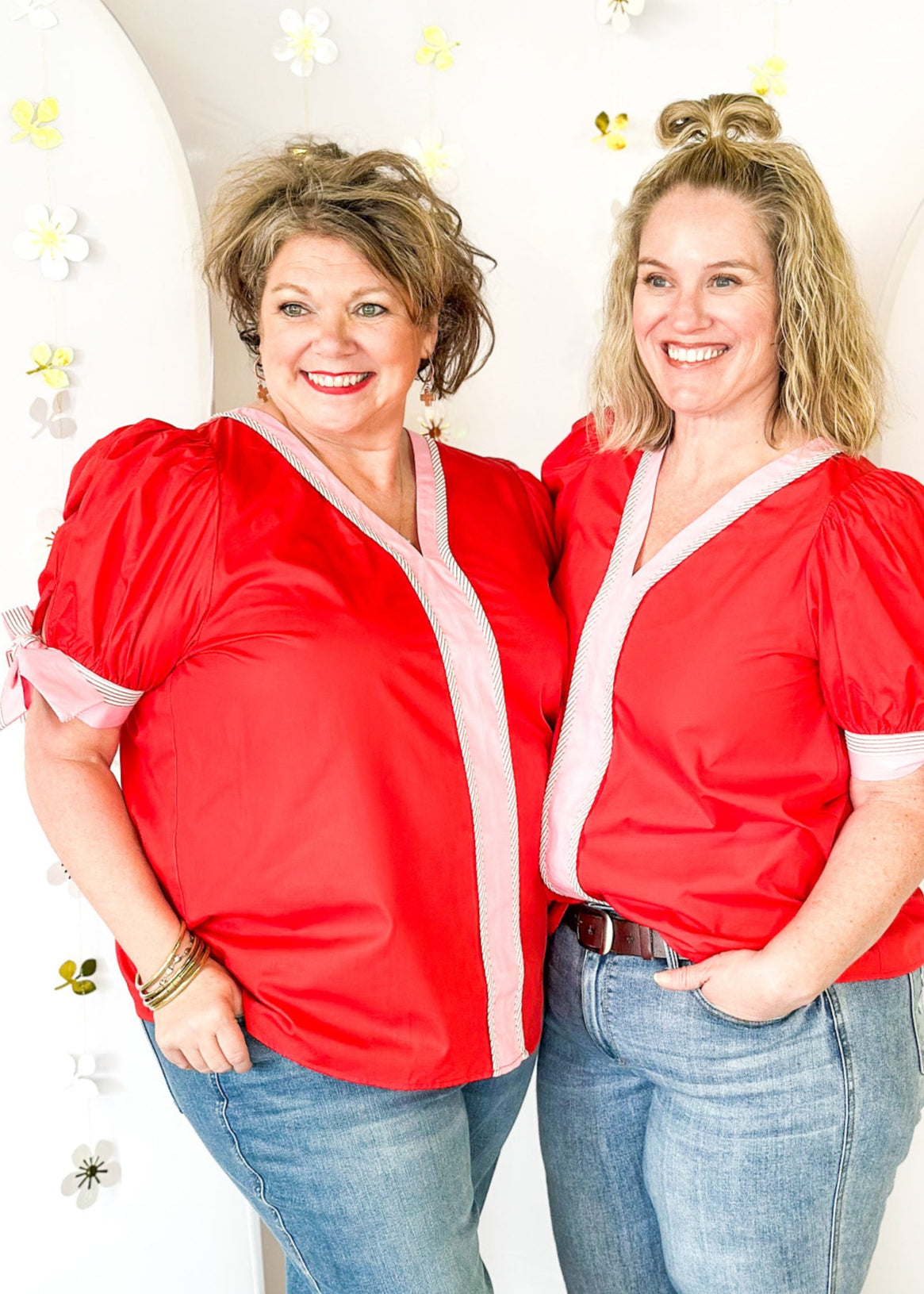 red short puff sleeve top with v-neck - pink banding around cuff and neck and down the front accented with white/pink stripes