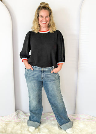 judy blue wide leg v-front baggy jeans with raw hem - blue - front and back pockets - belt loops - zipper and button closure