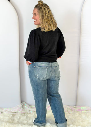 judy blue wide leg v-front baggy jeans with raw hem - blue - front and back pockets - belt loops - zipper and button closure