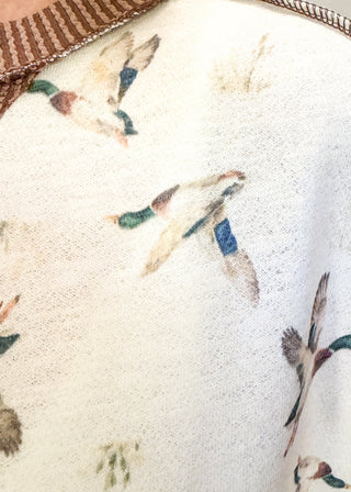 Close-up of a fabric surface with a repeating duck print on an off-white background, plus a brown patterned trim visible along the top edge.