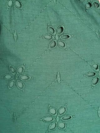 A close-up of a teal green fabric featuring embroidered floral eyelet (kothari) patterns and stitched diamond outlines.
