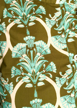 A close-up of a patterned fabric featuring a retro floral design in light teal and cream on an olive green background.