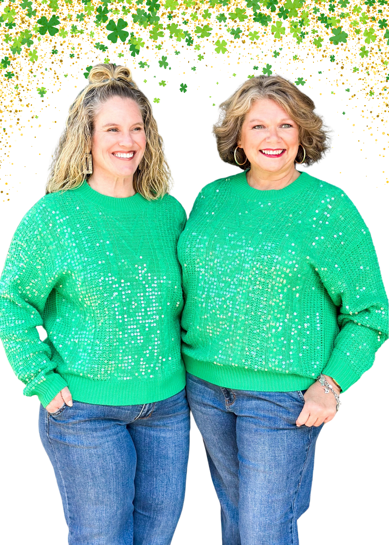 clear sequin long sleeve crew neck knitted green sweater