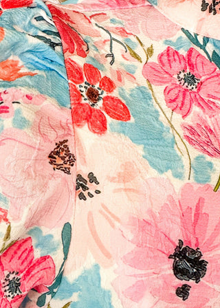bright floral top with striped detail around arm band and v-neck - aqua, blues, pinks and white - short puff sleeve with little shoulder pads