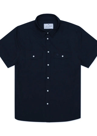 Navy blue button up polo shirt with short sleeves.