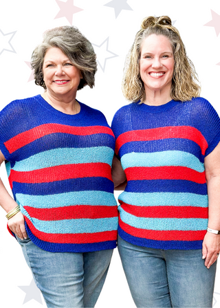 Striped dolman short sleeve sweater - sheer - 2 shades of blue and red stripes