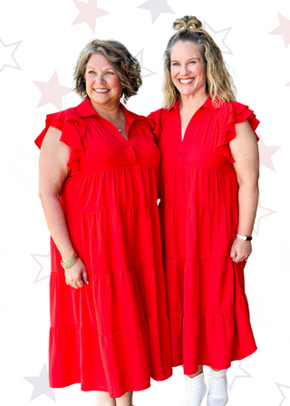 red tiered midi dress with double ruffle sleeve - collar and v-neck