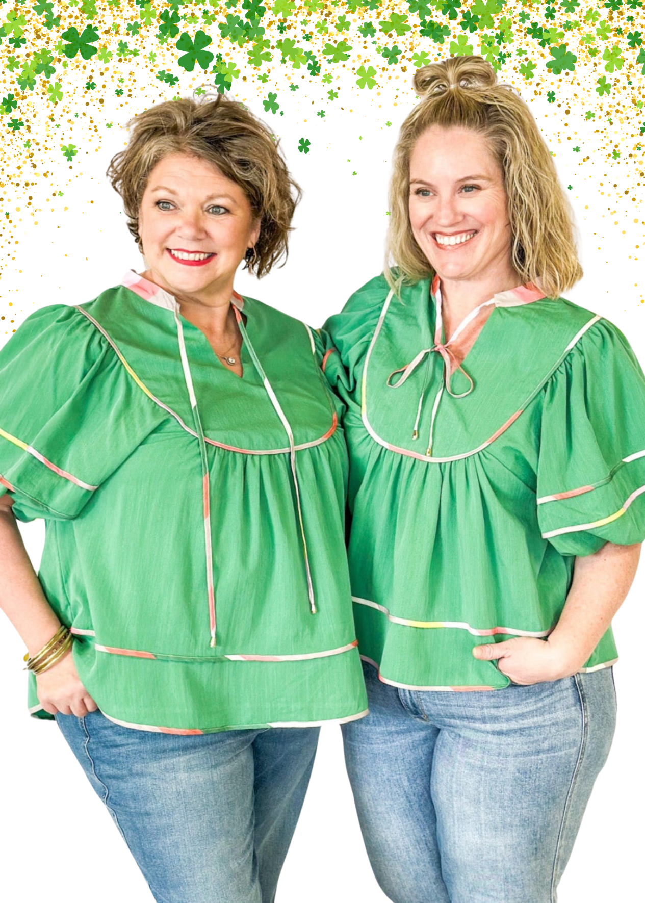 Green babydoll v-neck top with oversized balloon sleeve. multicolored piping detail on sleeve, hem, and collar.  Matching tie closure off of the collar. 