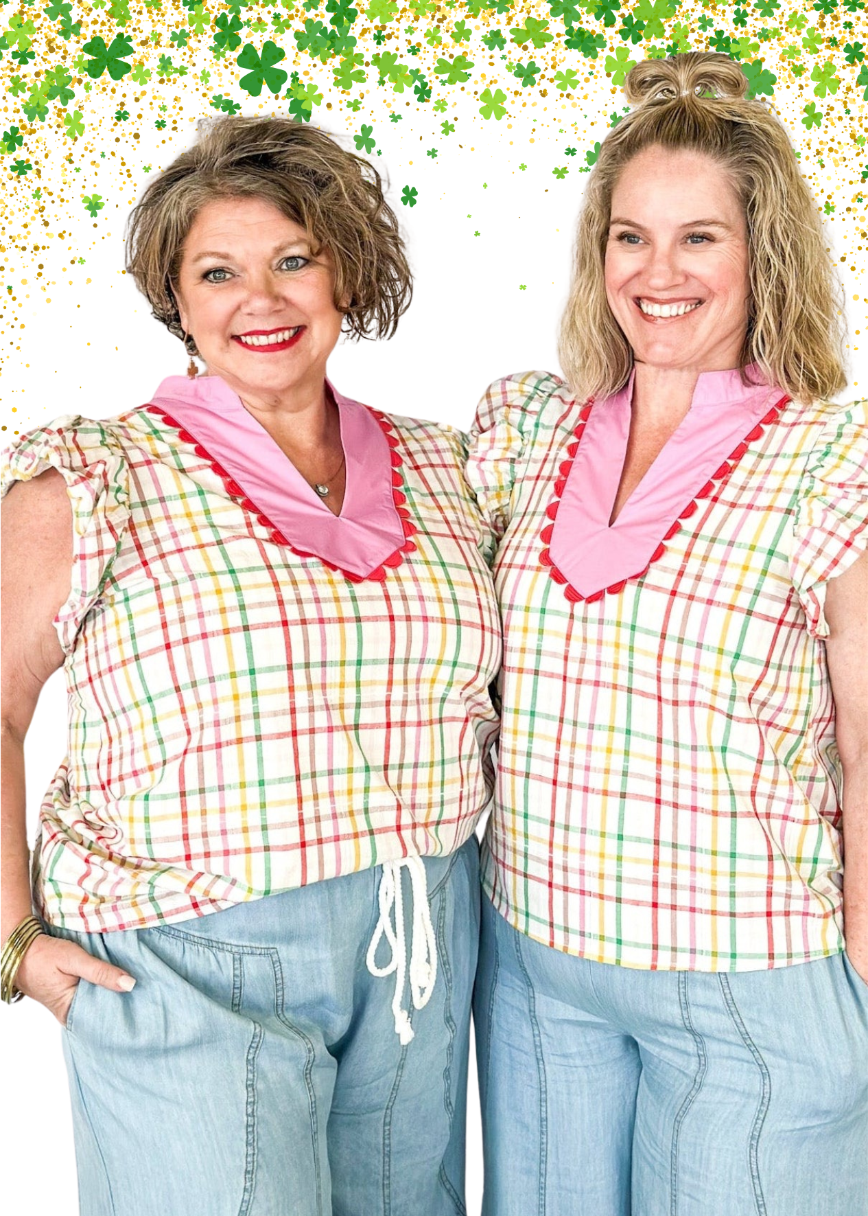 Ivory ruffle sleeve top with red, pink, yellow, and green plaid stripes.  V-neck with solid pink and red scallop detail around the collar and surrounding the v-neck. 