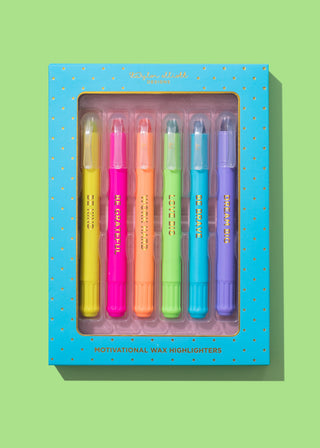 set of 6 motivational was highlighters - yellow, pink, orange, green, blue and purple