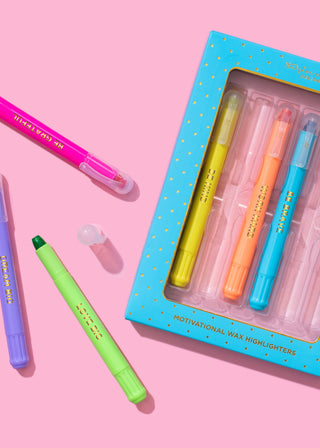 set of 6 motivational was highlighters - yellow, pink, orange, green, blue and purple